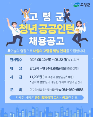 고령군, ‘2023 청년일자리 공공 인턴사업’ 참여자 모집