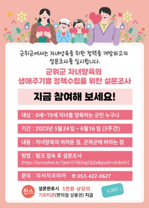 군위군, 생애주기별 자녀양육 정책수립을 위한 설문조사 실시