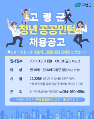 고령군,'2023년 하반기 청년 일자리 공공인턴사업'참여자 모집