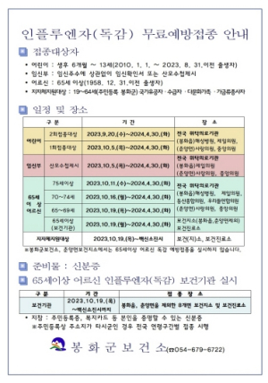 봉화군, 어르신, 어린이, 임신부 대상 인플루엔자(독감) 무료 예방접종 실시