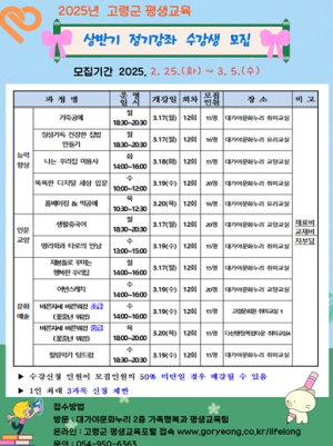 『 맞춤형 평생학습 프로그램이 시작되는 ~』고령군, 2025년 상반기 평생교육 정기강좌 수강생 모집