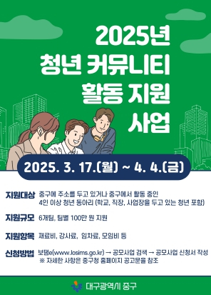 대구 중구, 청년 커뮤니티 활동 지원사업 참여자 모집
