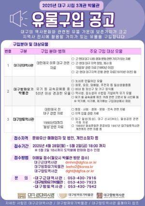 대구근대역사관, 대구방짜유기박물관, 대구향토역사관 2025년 유물 공개 구입