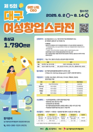 대구시 창업 도전 기회!,‘이젠 나도 CEO!’`2025년 제5회 대구 여성창업스타전`참가 접수 시작