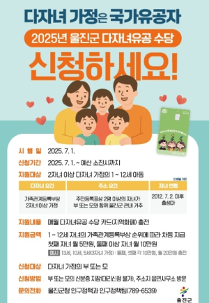 울진군“다자녀유공 수당 7월 1일부터 신청하세요”