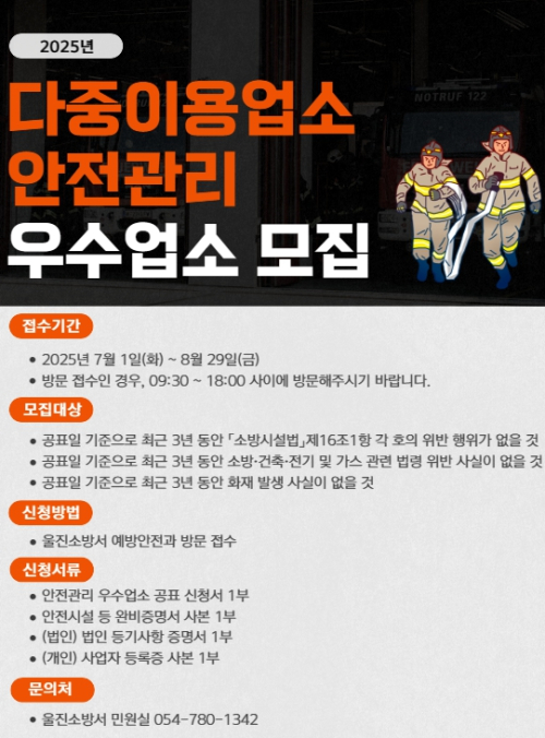울진소방서, ‘2025년 다중이용업소 안전관리 우수업소’  신청 접수…8월 29일까지