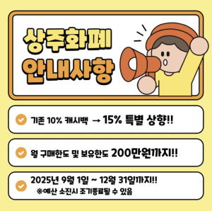 상주화폐 9月부터 캐시백 15%로 확대, 지역경제 활성화 기대