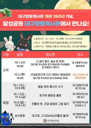 대구향토역사관, 개관 28주년 기념 주간 문화행사 개최