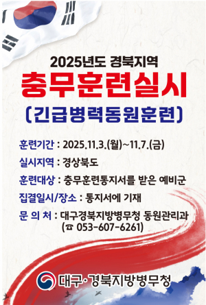 대구경북지방병무청, 11월 3일부터 충무훈련 실시