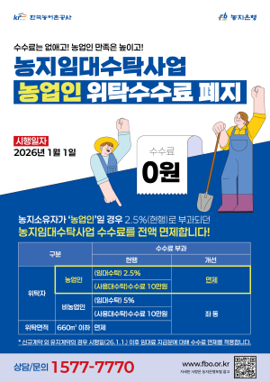 한국농어촌공사, 2026년부터 농업인 대상 수수료 ‘0원’…기존 계약도 소급 적용