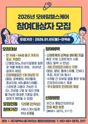 대구 중구, 모바일헬스케어사업 참여자 선착순 모집