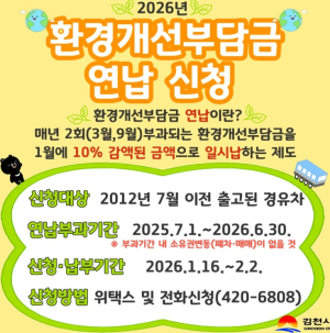 김천시, 1.16~2.2 환경개선부담금 연납 신청 시 10% 감면 혜택