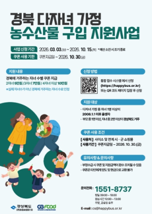 영덕군, 다자녀 가정 농수산물 구입 지원사업 시행