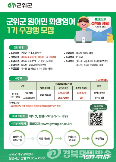 군위군, 1대1 원어민 화상영어 모집…교육격차 해소 속도