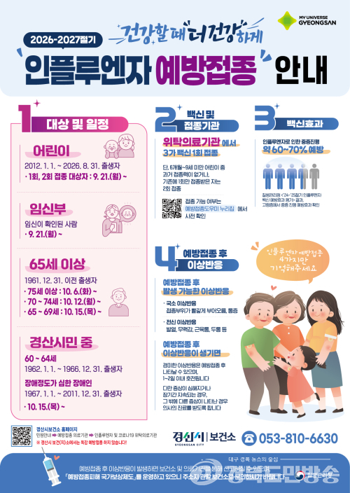 경산시, 21일부터 인플루엔자 무료 예방접종