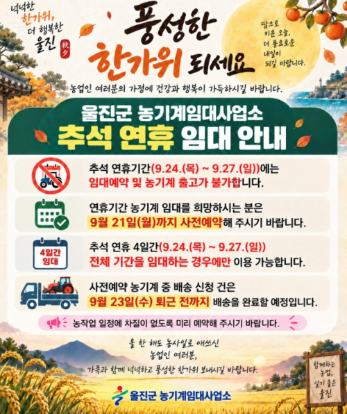 울진군, 추석 연휴 농기계 임대 '사전예약제' 운영