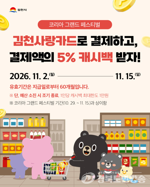 김천사랑카드, 11월 2~15일 결제액 5% 추가 환급