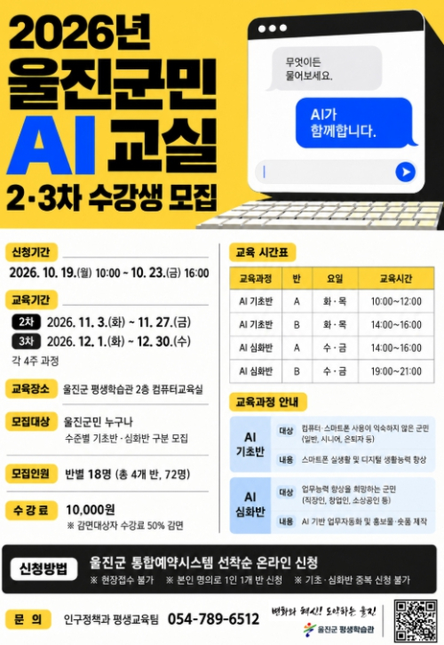 울진군, ‘2026 군민 AI 교실’ 2·3차 수강생 모집…실생활부터 실무까지